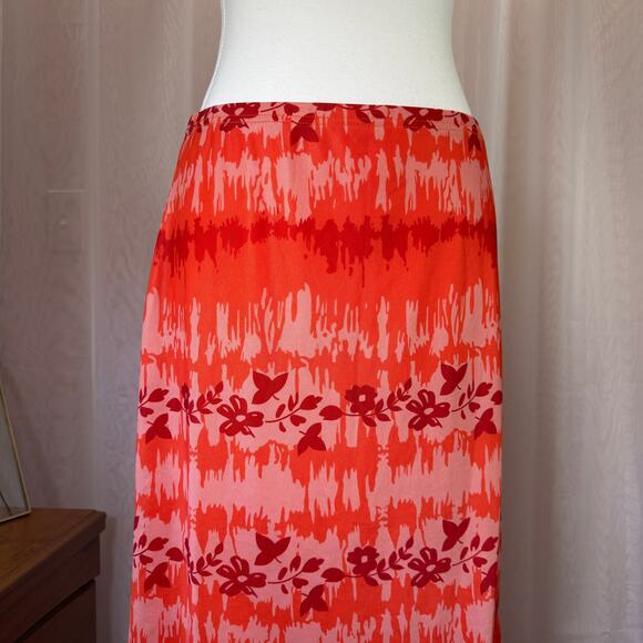 SHEIN Watercolor Floral Midi Skirt Vibrant Red/Pink Boho Cottagecore Vibe Large - Picture 2 of 8
